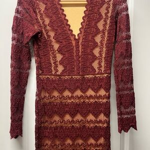 Nightcap Burgundy Lace Long Sleeve Dress